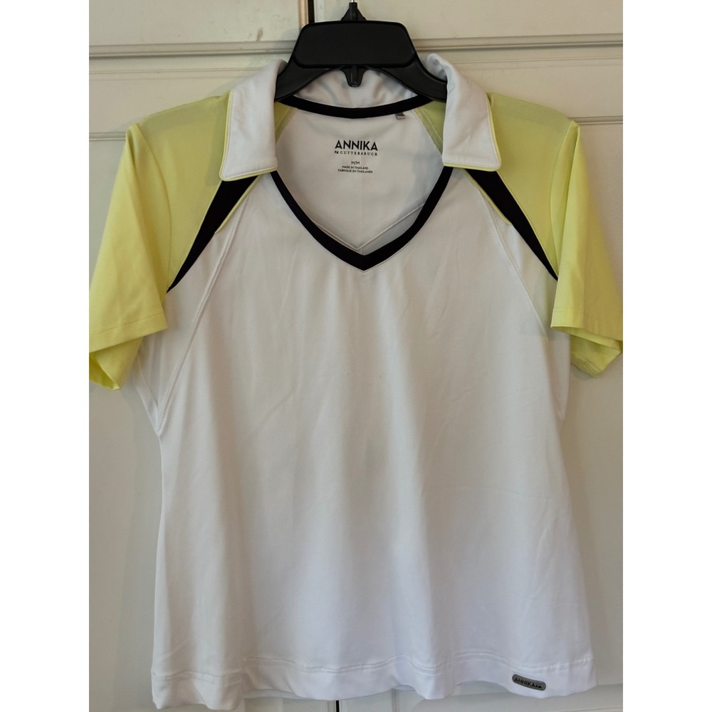 Annika Cutter Buck Women M Golf Polo Shirt Short Sleeve‎ White Yellow V-Neck